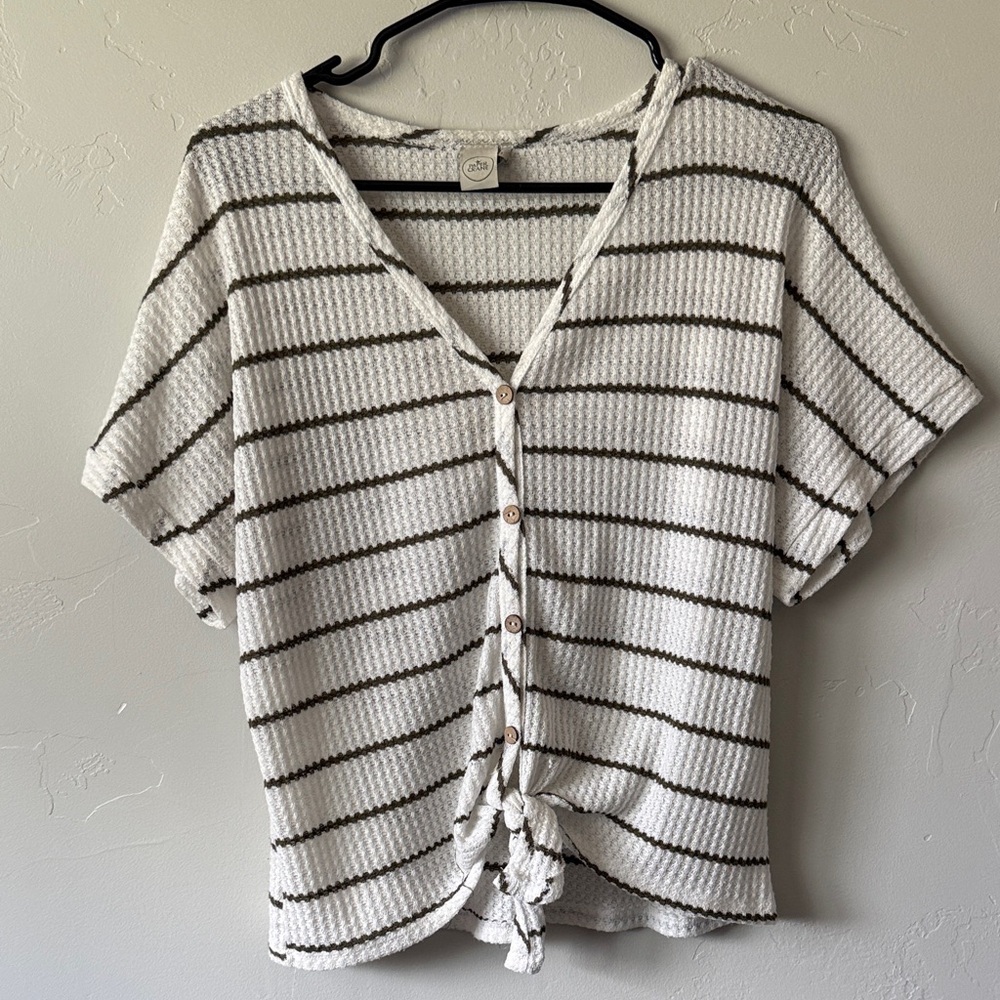 Paper Crane White Striped Button-Front Tie-Hem Top